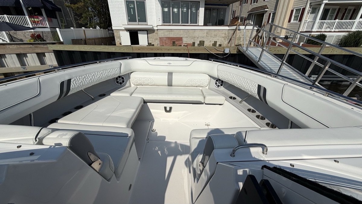 Bow seating with the white vinyl cleaned and protected.